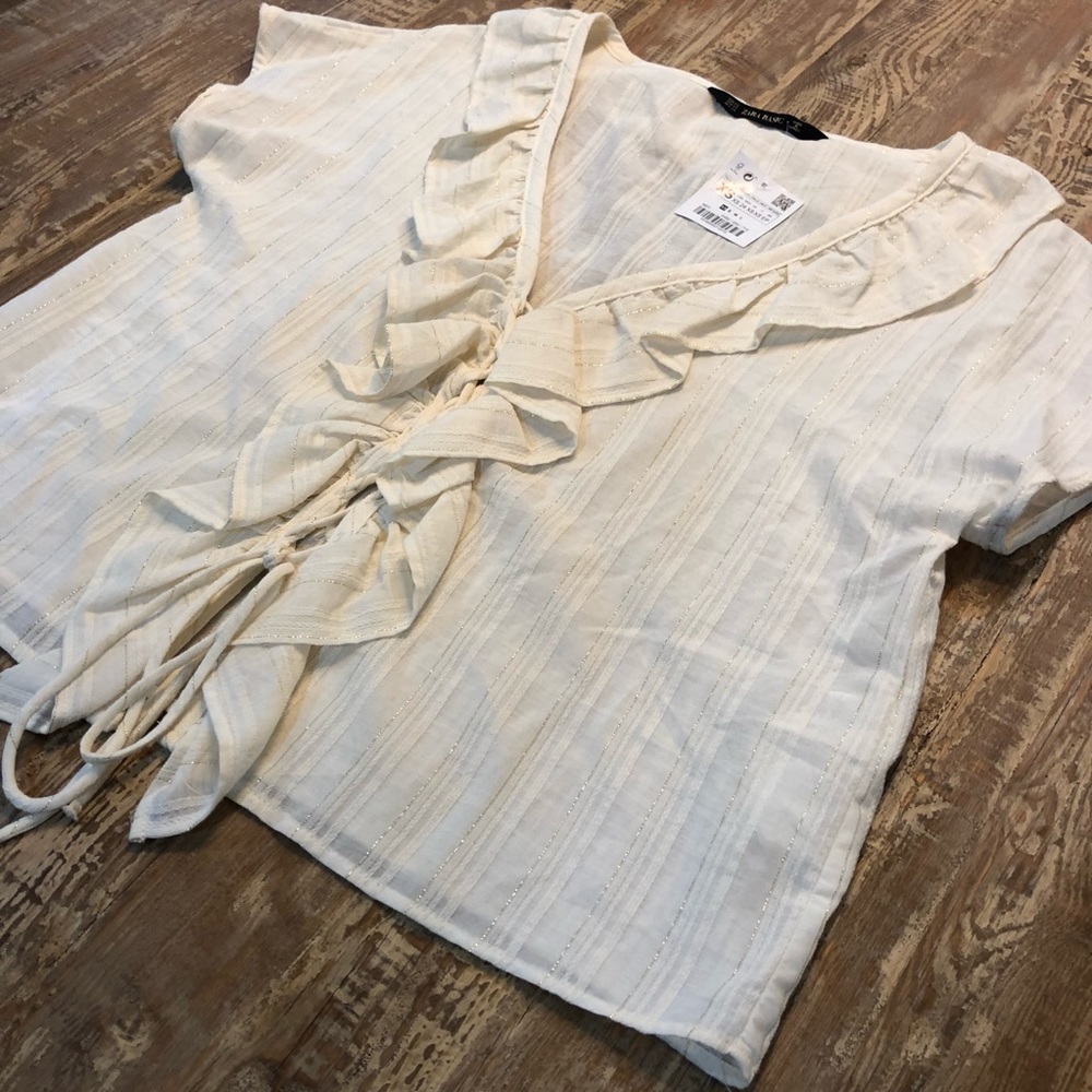 NWT Zara Cream Metallic Ruffle Lace Up Top - Picture 5 of 6